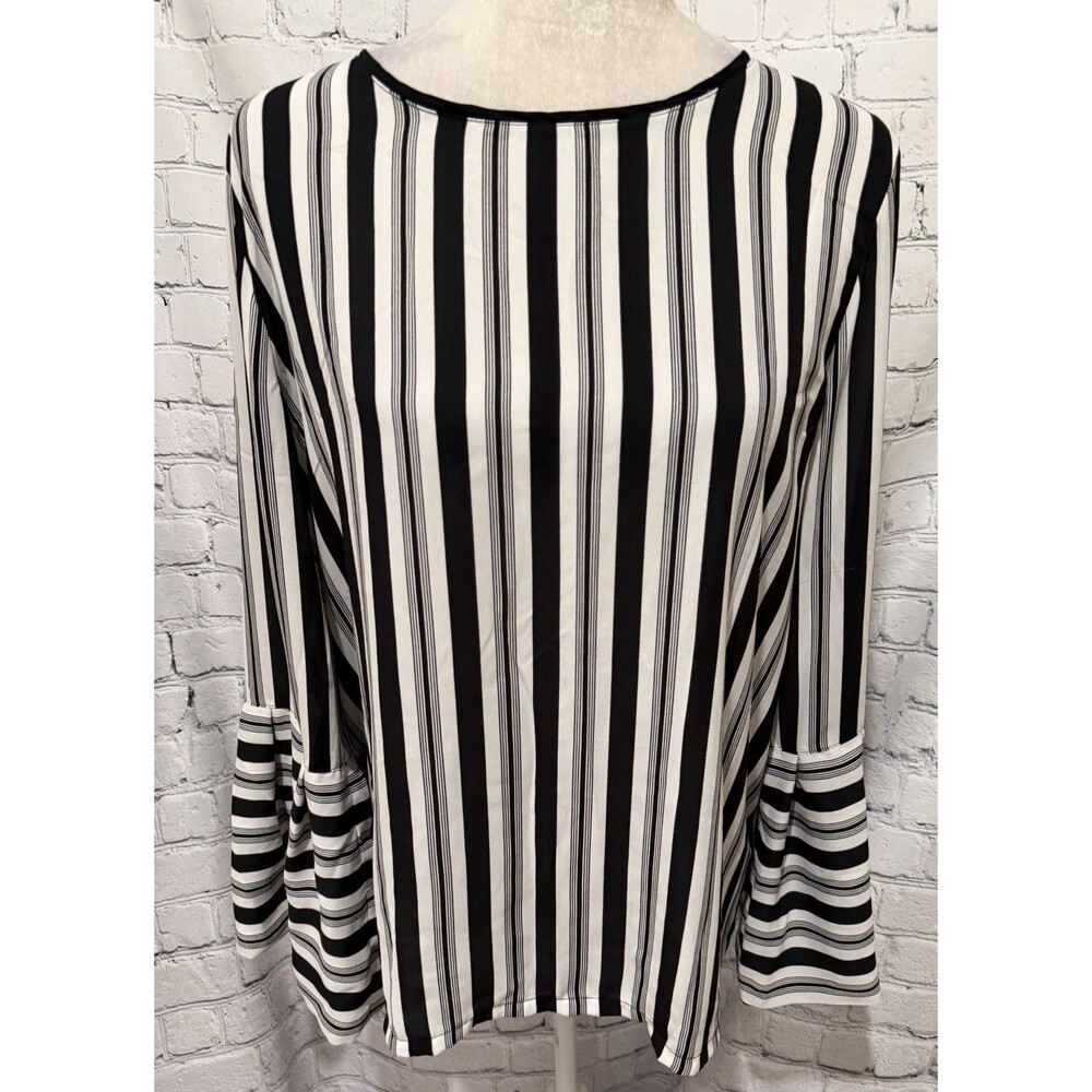 Loft Ann Taylor Black And White Boho Stripe Bell Sleeve Blouse Size Medium
